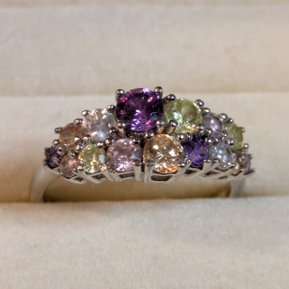 Vintage Designer Signed R Sterling Silver Multi-Color Cubic Zirconia Ring size 7
